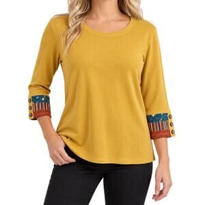 MULTIPLES Sz Large Yellow Wearable Art to Wear Blouse Shirt Top Fall Winter